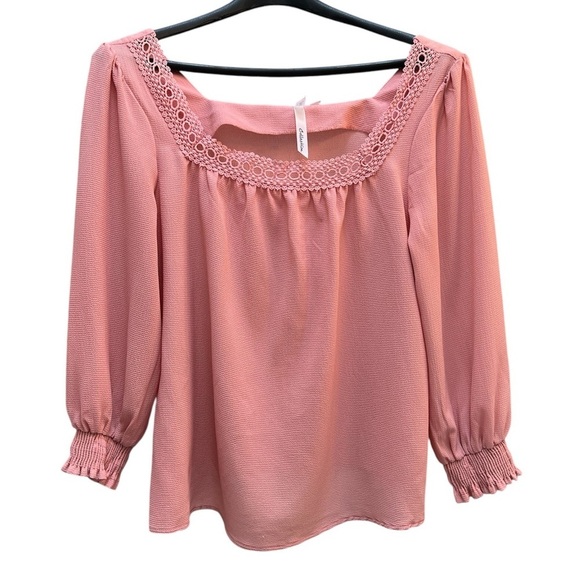 Tops - Pink Square Neck Blouse Lace Trim 3/4 length sleeves Pink Rose Women size XL